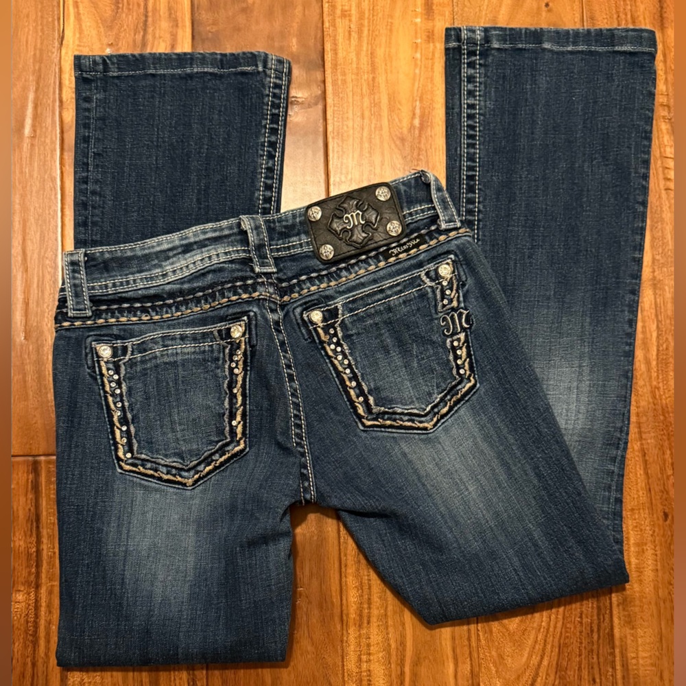 Miss Me Dark Blue Boot Cut Jeans with Embellished Pockets